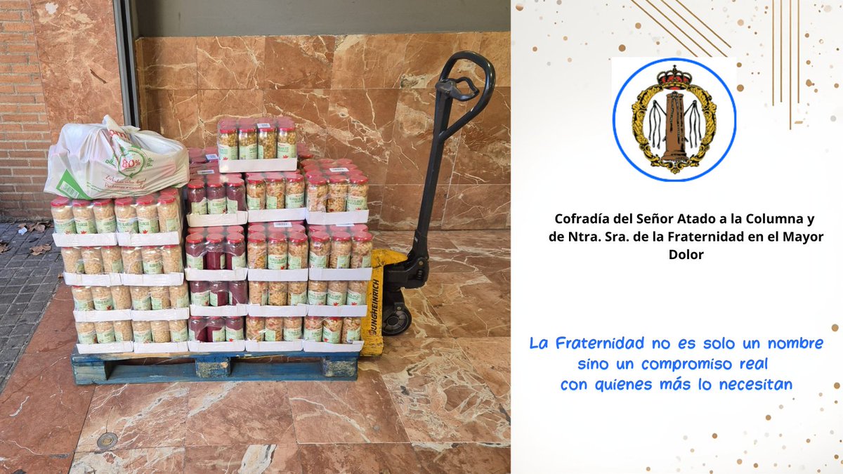 La semana pasada recibimos con alegría una importante donación de legumbres por parte de la Cofradía del Señor Atado a la Columna.

Sabemos bien que "la unión hace la fuerza", gracias a los hermanos de la Cofradía por su compromiso constante.