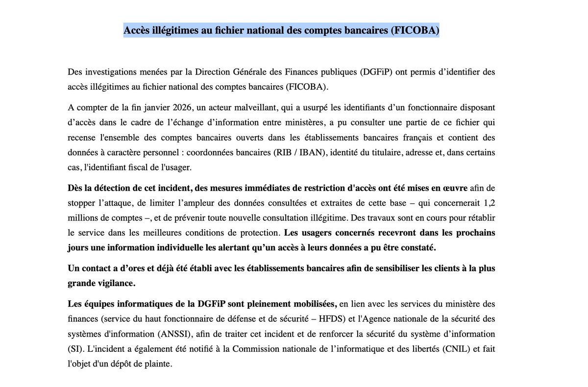 _SaxX_'s tweet image. 🚨🔴CYBERALERT 🇫🇷FRANCE🔴 | 💣 Cyberattaque BERCY : le fichier FICOBA piraté... 1,2M de comptes bancaires consultés et copiés par un cybercriminel... ⤵️

Voici une nouvelle déflagration !

Bercy communique sur un piratage hors-norme après qu'un cybercriminel ait eu accès à l'un