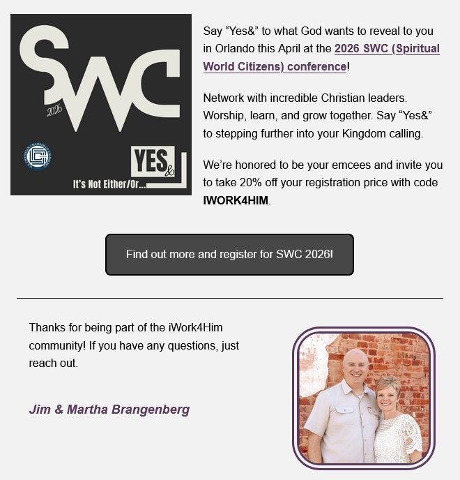 Look where USCCC showed up!

Grateful to iWork4Him for highlighting SWC 2026 in their newsletter.

Leaders from around the globe are heading to Orlando, FL for SWC 2026 — be in the room.

Secure your ticket. Join the movement.
See you in Orlando.

uschristianchamber.com/swc-2026/