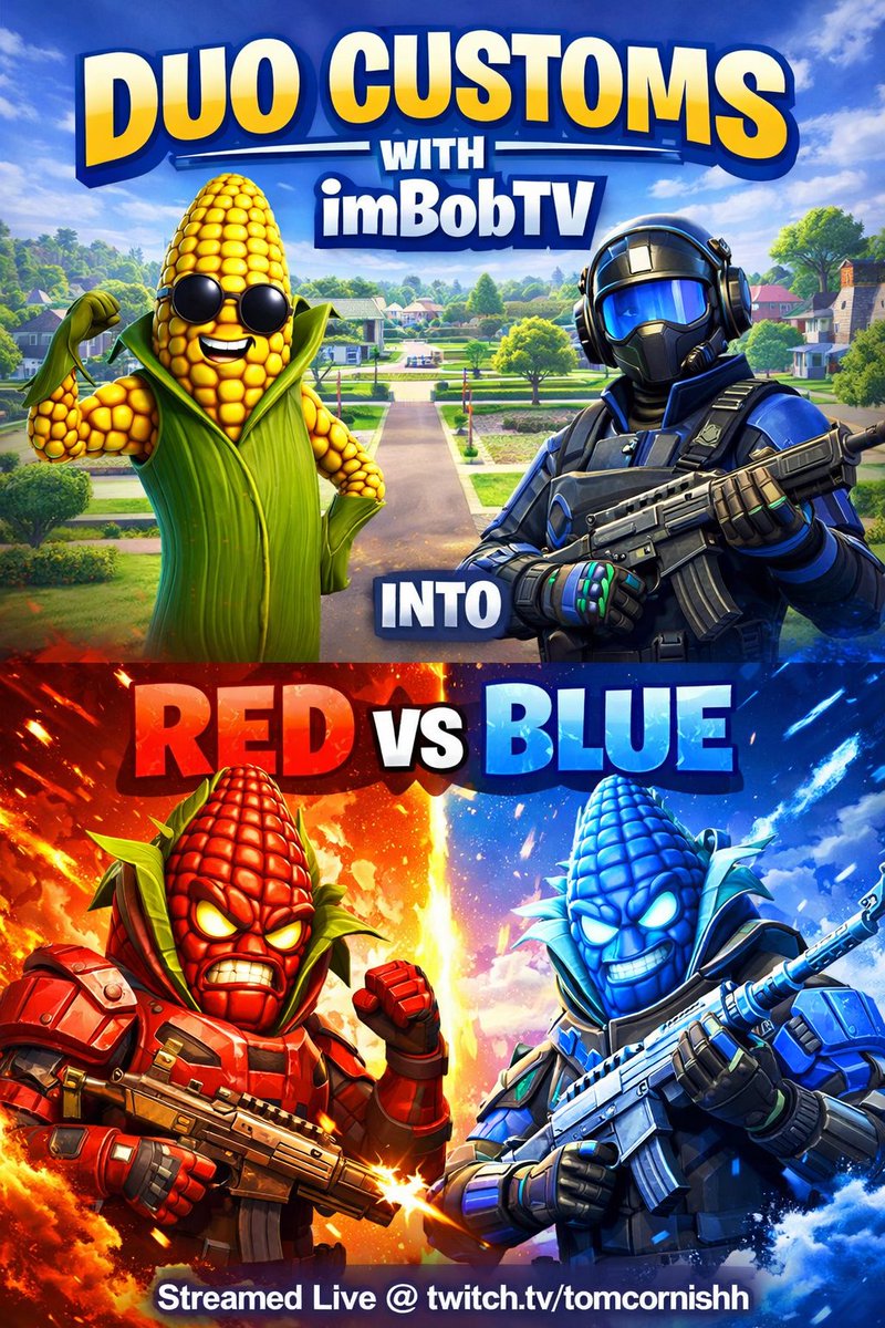 tomcornishh's tweet photo. WEDNESDAY TWITCH STREAM🔴

Variety Customs &amp; Duos w/ @imbobtv 

Into Community Red vs Blue Event👇
https://t.co/9jmCbD7GYy https://t.co/2dGMTaiIYN