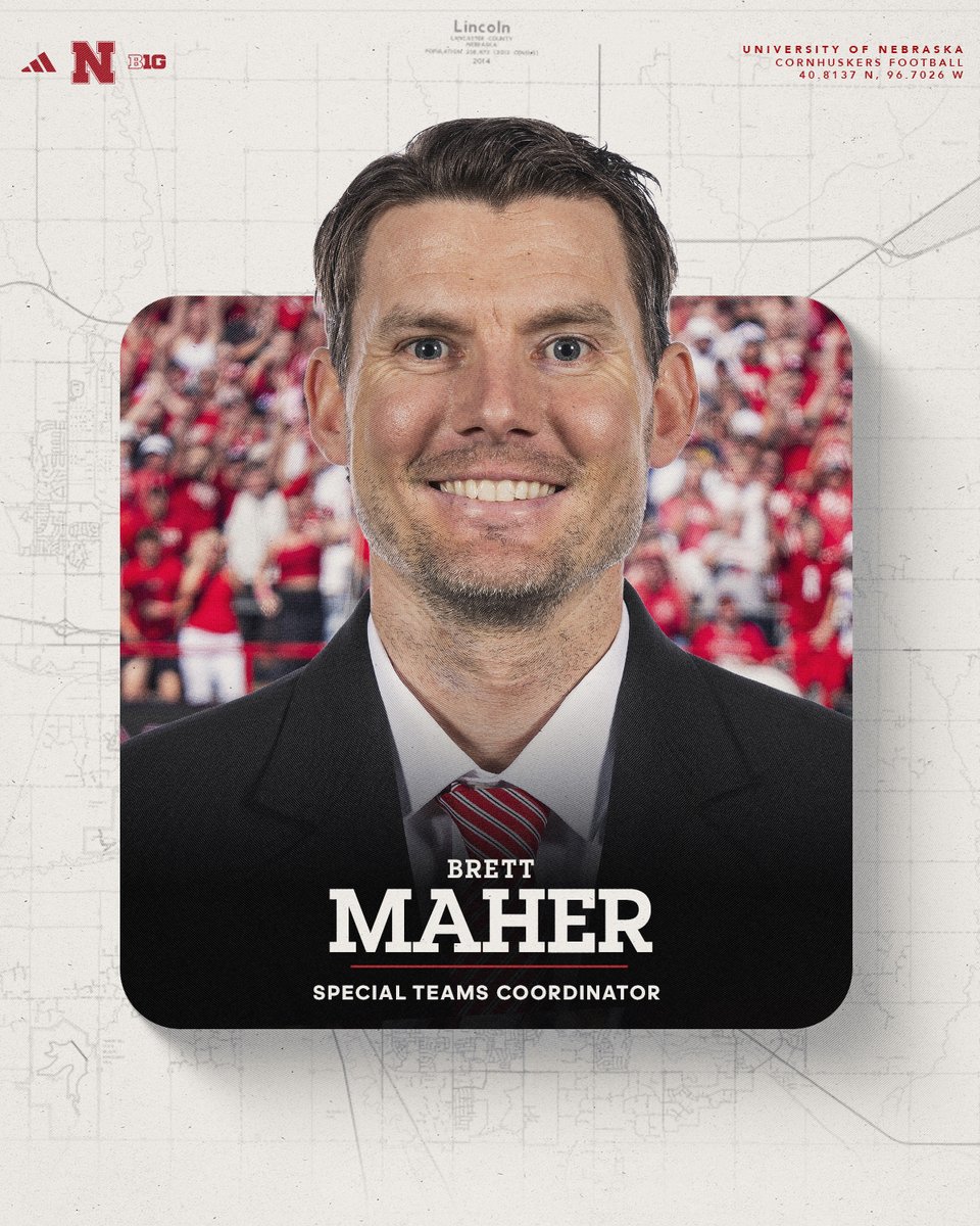HuskerFootball's tweet image. Nebraska’s own.

Brett Maher has officially been named Special Teams Coordinator.