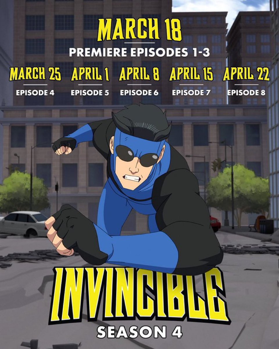 🚨Falta exatamente 1 mês para o lançamento da quarta temporada de Invencível!

A data dos episódios foi oficialmente divulgada, com o episódio final estreando em 22 de abril.