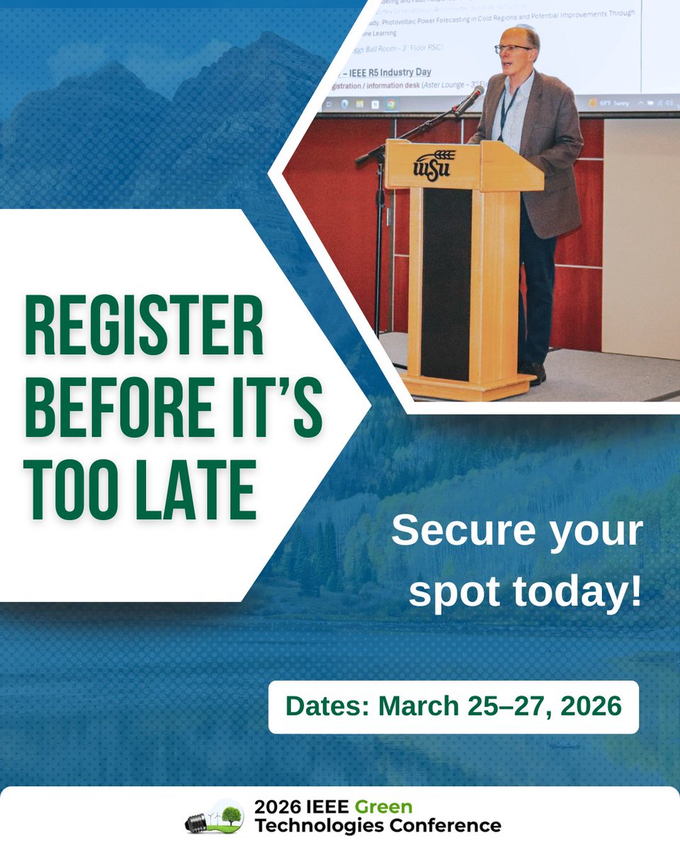 ieeegreentech's tweet photo. GreenTech 2026 is approaching and registration is still open. Join engineers, researchers, and industry leaders advancing sustainable energy and power technologies. Late registration is available so register soon: https://t.co/y7fm1Wnli3 #GreenTech2026 #IEEE https://t.co/wrJCF5eIPe