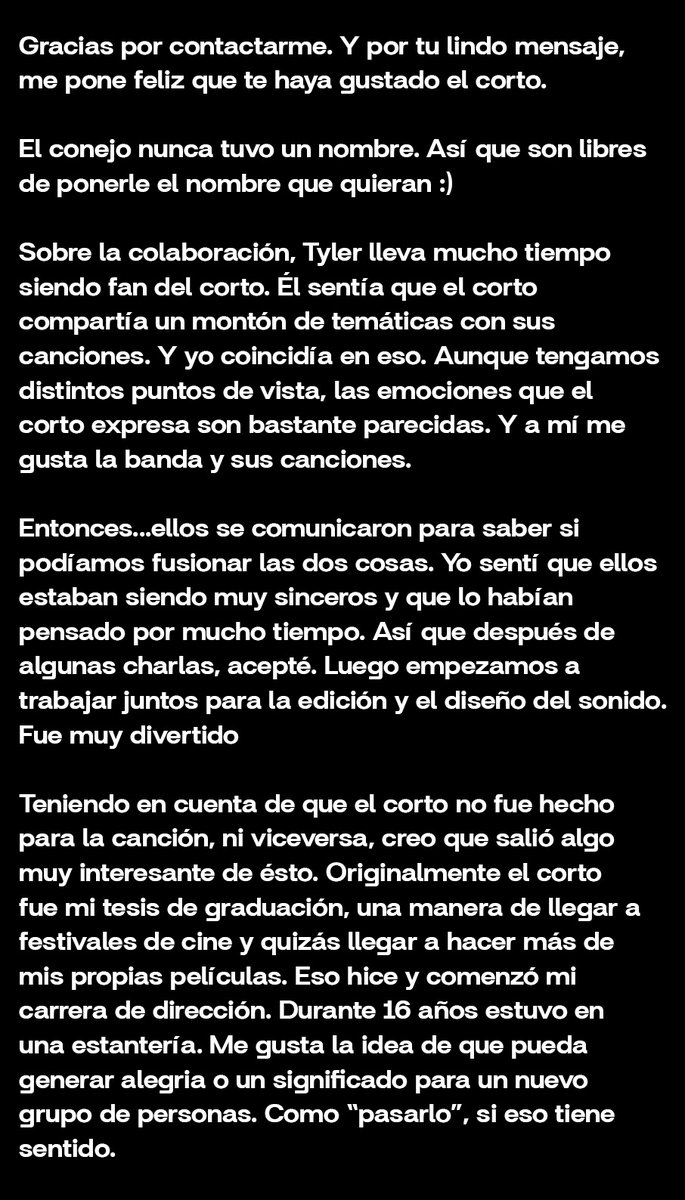 infopilots's tweet photo. El director del cortometraje le contestó un mail a una fan sobre cómo la banda lo contactó 🥹

Tyler era muy fan del corto! https://t.co/u4sGkBgkYq
