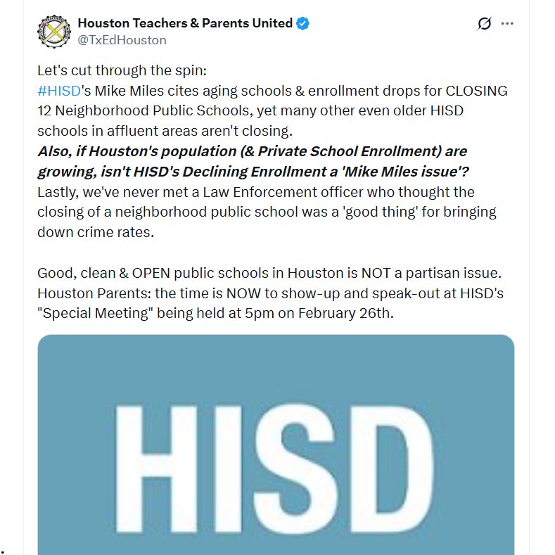 TxEdHouston's tweet photo. Never met a Law Enforcement Officer who thought closing a neighborhood Public School was a 'good thing' for bringing down crime rates.

With a continually growing Houston population, isn't #HISD's Declining Enrollment a 'Mike Miles issue'?

#SchoolClosures #HoustonParents https://t.co/l4ONvjY5dz