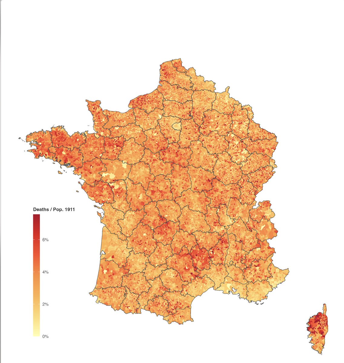 Nombre de morts pour la France pendant la première guerre mondiale par habitant commune par commune