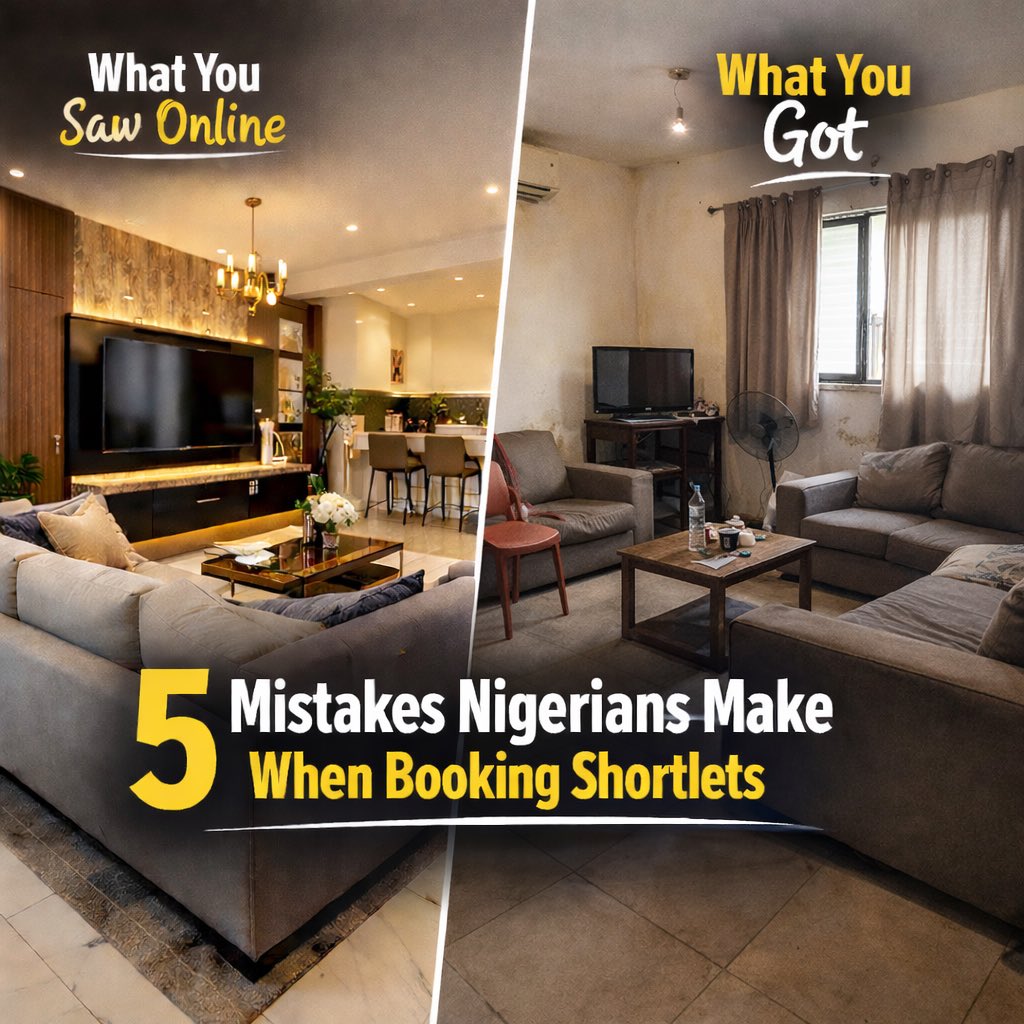 homewhize's tweet photo. You don’t actually “discover” a bad shortlet on check-in day.
You usually ignore the warning signs while booking.
Here are 5 common mistakes Nigerians make when booking a shortlet (a thread 👇🏾):
#shortlets #Lagos #RealEstate https://t.co/wp6PwCgSak