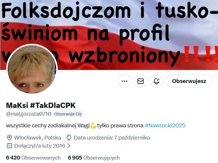 Kochani, umiłowani w Ojczyźnie. Znacie <a href="/malgorzata0710/">MaKsi #TakDlaCPK</a> , pseudonim operacyjny MaKsi.
To najbardziej Prawa z Prawych po prawej stronie X Patriotka. Jest tu od 10 lat i brakuje jej 95 ludków do 7000! Kto jeszcze jej nie obserwuje- wstyd to niebywały! Zawsze nas budzi poranną kawą!