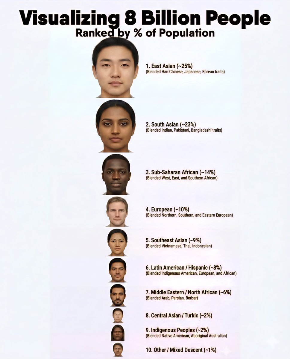 Visualising 8 Billion People 🌏 Ranked by % of Population

1. East Asian (~25%) – Blended Han Chinese, Japanese, Korean traits

2. South Asian (~23%) – Blended Indian, Pakistani, Bangladeshi traits

3. Sub-Saharan African (~14%) – Blended West, East, and Southern African traits