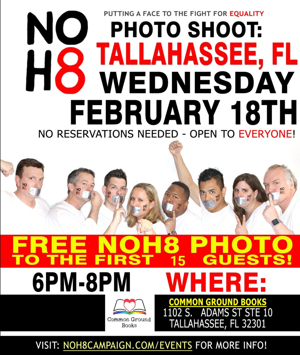 NOH8Campaign's tweet image. REMINDER! 📣 #NOH8 photo shoot TODAY (2/18) in #Tallahassee, FL 📷🌈 tinyurl.com/47y9n5th