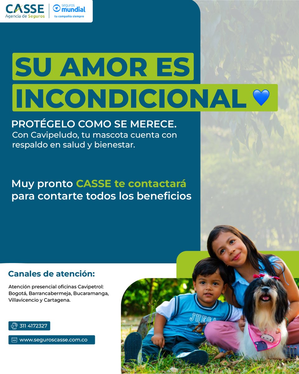 Con #Cavipeludo, tu mascota cuenta con respaldo en salud y bienestar 🐶🐾
 
Muy pronto CASSE te contactará para contarte todos los beneficios.
También puedes acercarte a nuestras oficinas.
 
En Cavipetrol evolucionamos contigo y con quienes más quieres. 💛