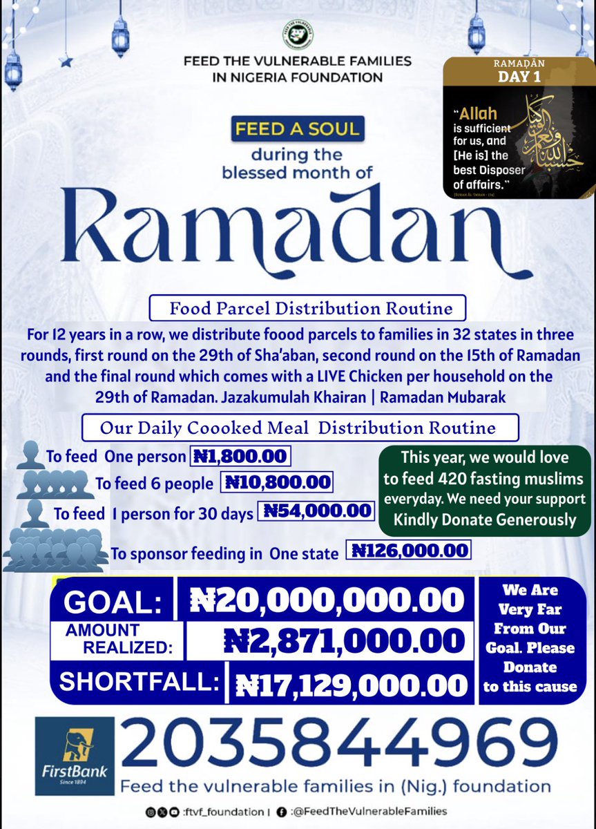 Adesewa253's tweet photo. Ramadan is not a month of rest, it is a month of reset - We reset of our faith, compassion, &amp; responsibility to those suffering across the Ummah

2035844969
First Bank Plc
Feed the Vuln.

Alhamdulilah, we started our Daily Iftar Feeding today. We 'd be feeding 420 fasting muslims https://t.co/aD8pvTsaJy