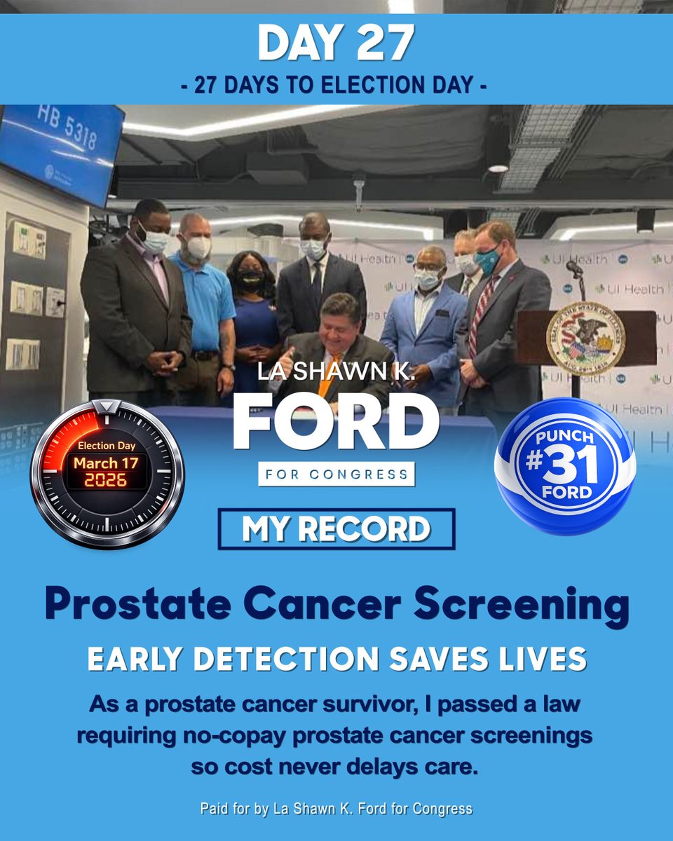 As a prostate cancer survivor, I passed a law requiring private insurance to cover annual screenings without copays, deductibles, or coinsurance.

Cost should never delay care.

Early voting is underway.
March 17 | Punch #31

#MyRecord #EarlyDetection #FordForCongress #IL07