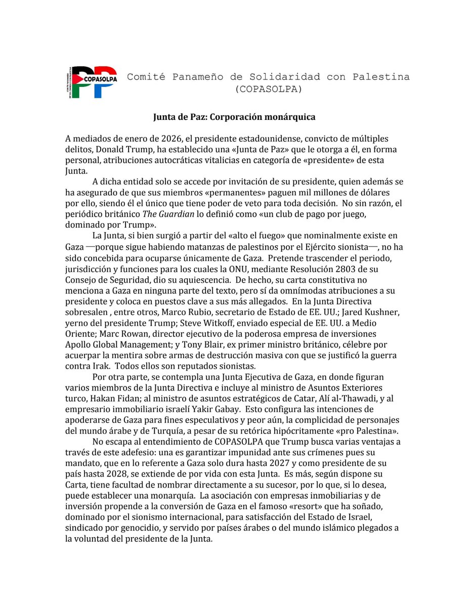 copasolpa's tweet photo. Comunicado de Rechazo a la mal llamada  Junta de paz de Trump. 
#palestinavencera https://t.co/L30XbAnqEe