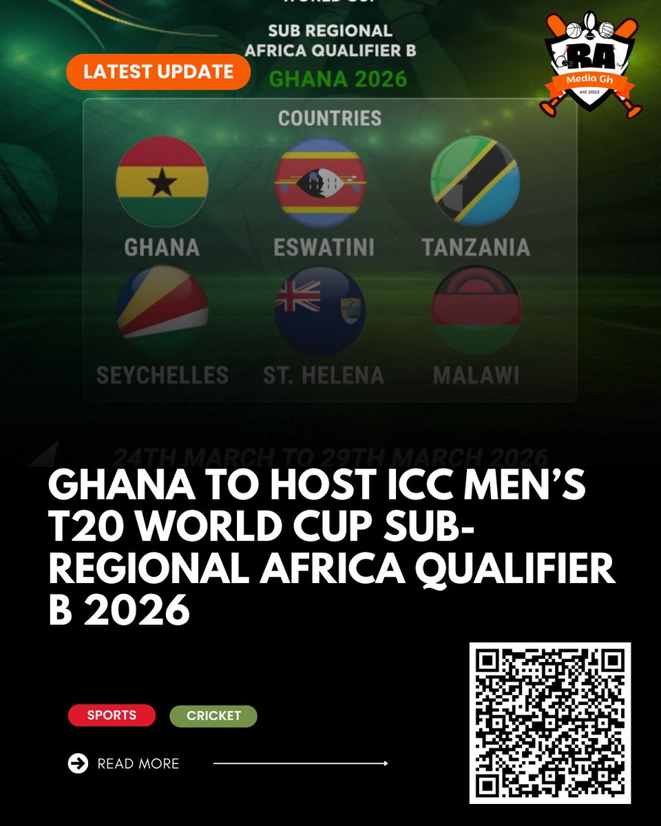 RAMediaGh's tweet photo. Ghana to Host ICC Men’s T20 World Cup Sub-Regional Africa Qualifier B 2026

Read More⬇️
https://t.co/gtkuYAcOmy https://t.co/PNXAoFyaOt