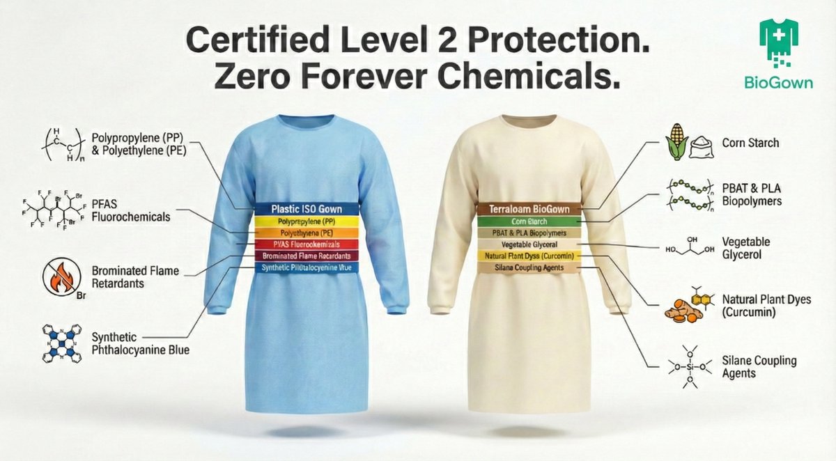 terraloam's tweet photo. PFAS isn't just in non stick pans, it is in every medical gown worn today. BioGown gives better protection without the harmful plastics. https://t.co/aLZQMVPmM3