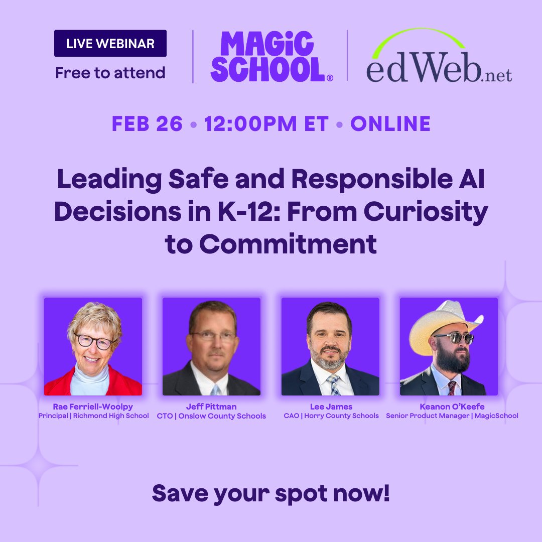 magicschoolai's tweet photo. AI in K-12 has moved from curiosity to commitment.

Feb. 26 at 12 PM ET: Join a live edLeader Panel with district leaders on setting guardrails, protecting student privacy, supporting educators, and building defensible AI budgets.

Designed for school and district leaders navigating real decisions now. Register today.

Register here: https://t.co/EEiBEbHUay