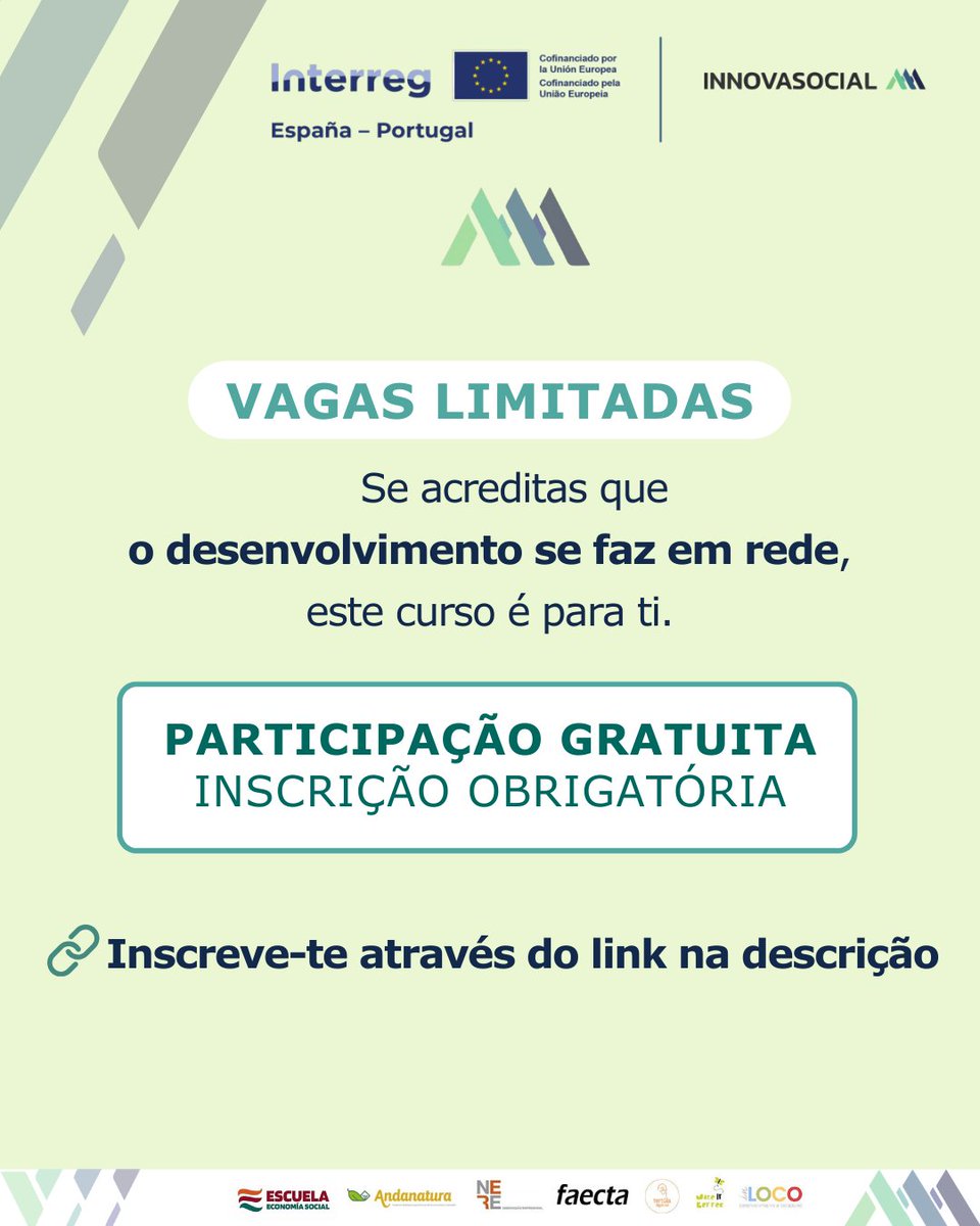 _makeItBetter's tweet photo. Se trabalhas na Economia Social, sabes que colaborar já não é opcional. É estratégico.

📅 20 fev – 20 mar 2026
🖥 Online | Sessões síncronas + atividades assíncronas
🎓 Participação gratuita (inscrição obrigatória)

Inscreve-te aqui:
https://t.co/fwTPpUJLvw

#InnovasocialAAA https://t.co/GwKWX3gGvT