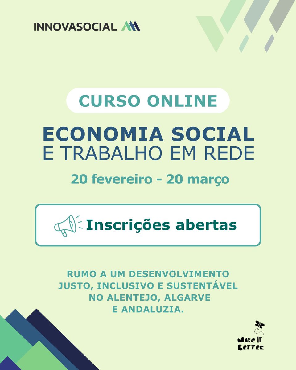 _makeItBetter's tweet photo. Se trabalhas na Economia Social, sabes que colaborar já não é opcional. É estratégico.

📅 20 fev – 20 mar 2026
🖥 Online | Sessões síncronas + atividades assíncronas
🎓 Participação gratuita (inscrição obrigatória)

Inscreve-te aqui:
https://t.co/fwTPpUJLvw

#InnovasocialAAA https://t.co/GwKWX3gGvT
