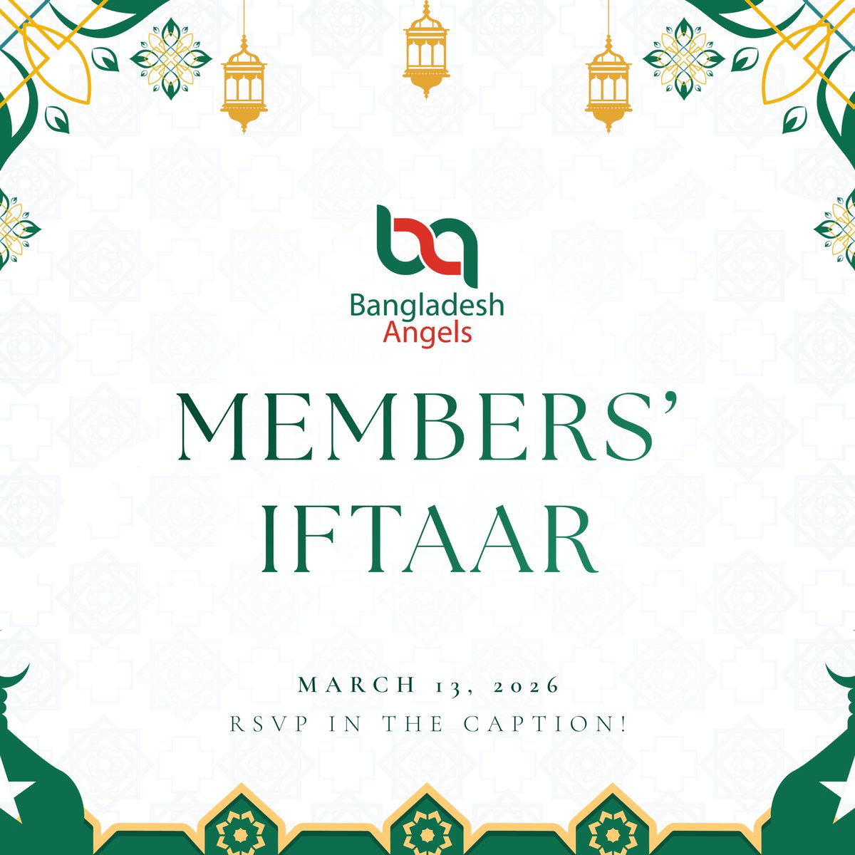 Ramadan Kareem.

Bangladesh Angels Network warmly invites our members to an intimate Iftaar Gathering on the 13th of March, from 5:00 PM to 8:00 PM.

To join us, please register through the Luma link:

luma.com/q4hfqlre

Venue details will be shared upon registration.
