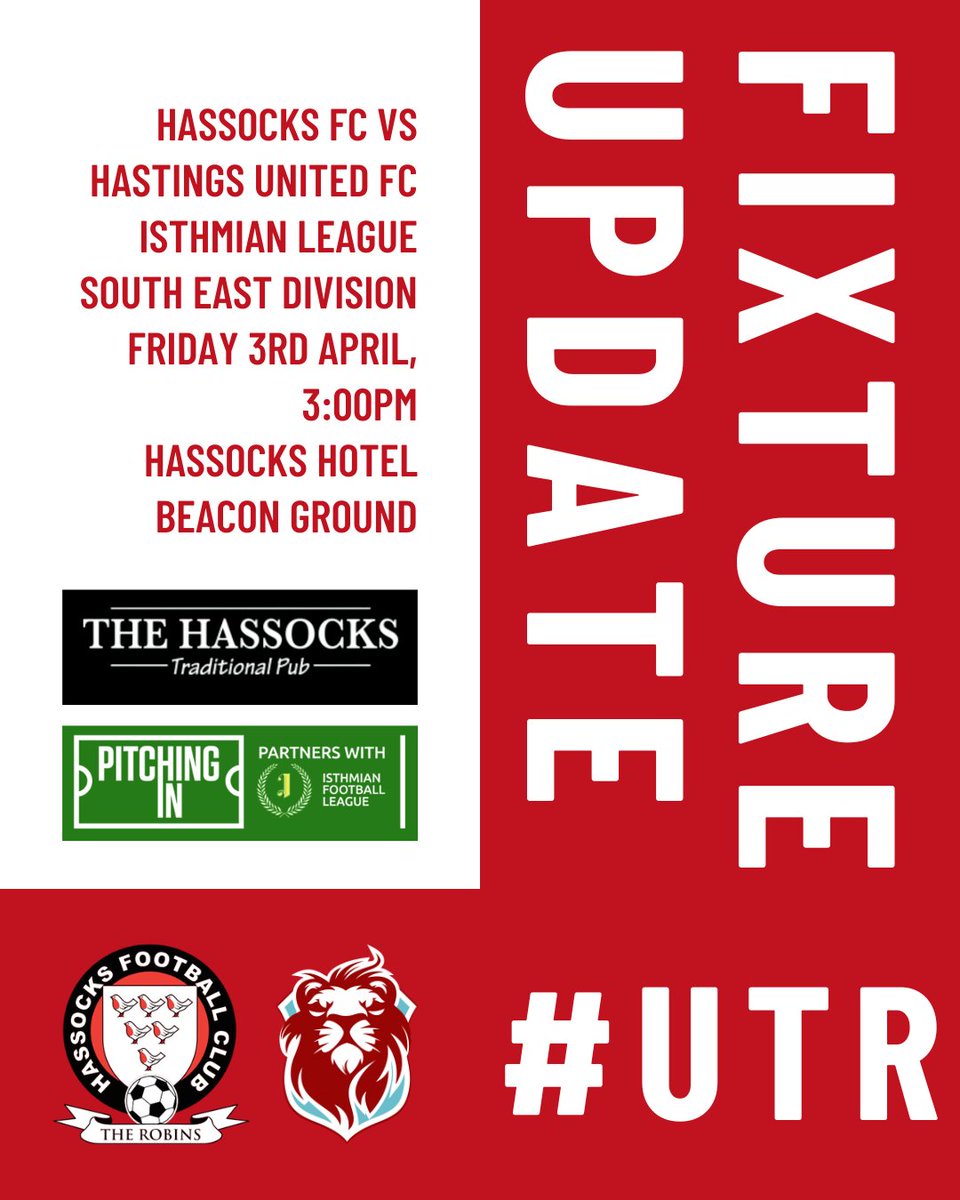 hassocksfc's tweet photo. FIXTURE UPDATE β½οΈ
Our tie against Hastings United FC has been brought forward by one day and will now take place on Good Friday.
Make sure to mark your calendars ποΈ
#HassocksFC #UTR #NonLeague #FixtureUpdate #Matchday https://t.co/wpgoFVvIAe