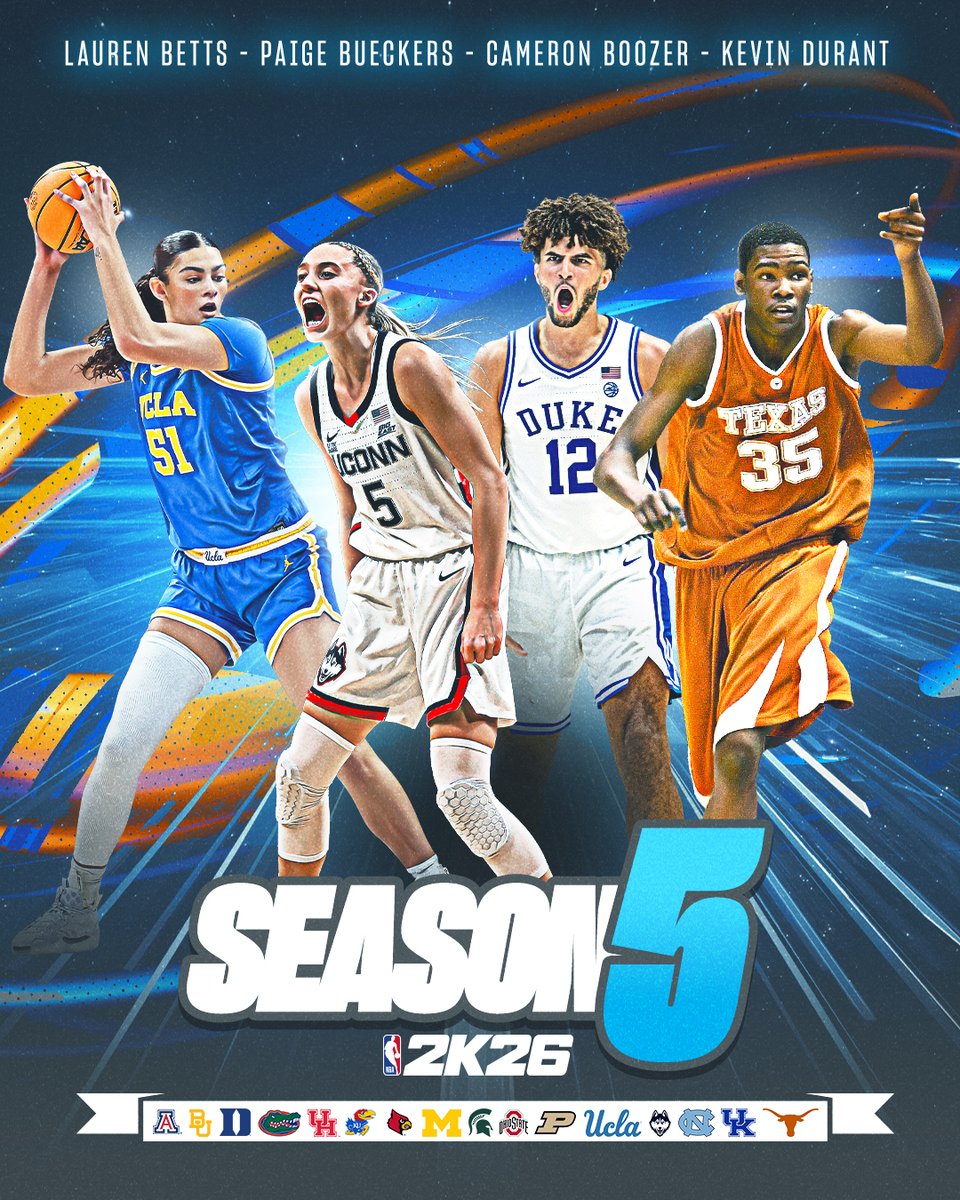 NBA2K's tweet photo. They’ve made their mark on college hoops and now they lead the way as our featured athletes in Season 5!

🐻 Lauren Betts
🐺 Paige Bueckers
😈 Cameron Boozer
🤘 Kevin Durant https://t.co/AFlKhXxiPb