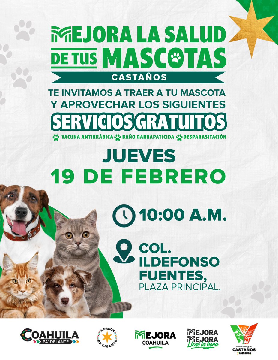 ¿Tu mascota cuenta con su vacuna antirrábica? Mañana estaremos en #Castaños con vacunación gratuita.

#CoahuilaPaDelante #APasosDeGigante #MejoraEnTuSalud