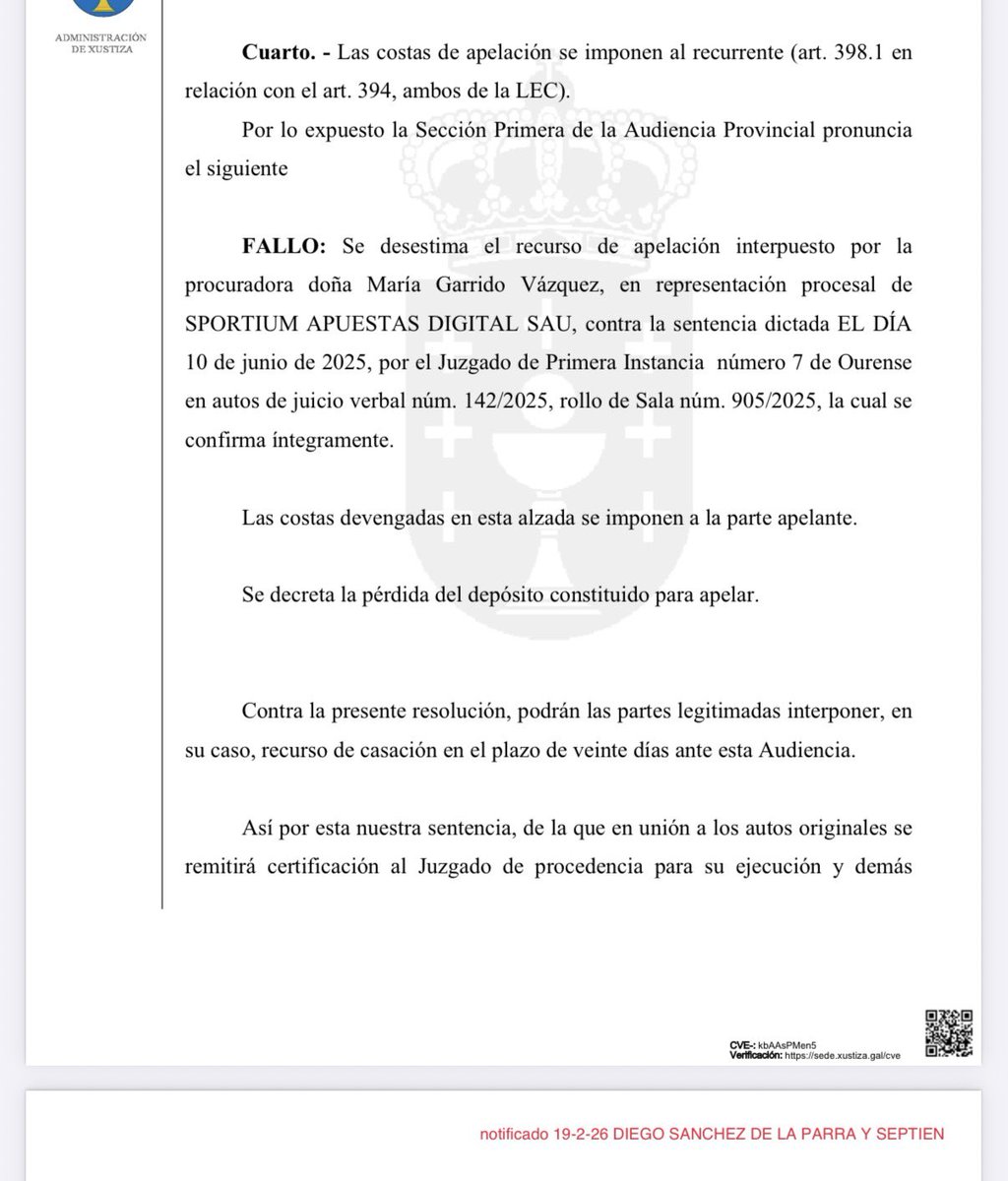 AContreAbogado's tweet photo. Hoy nos notifican Sentencia de Apelación que desestima el recurso de Sportium y declara nula la cláusula de cierre sin justa causa. Cláusula 20.2.2).
Primera ganada a Sportium en segunda instancia en lo que al cierre respecta.
Seguimos!! 🍾🍾🍾 https://t.co/VCaTpnznpF