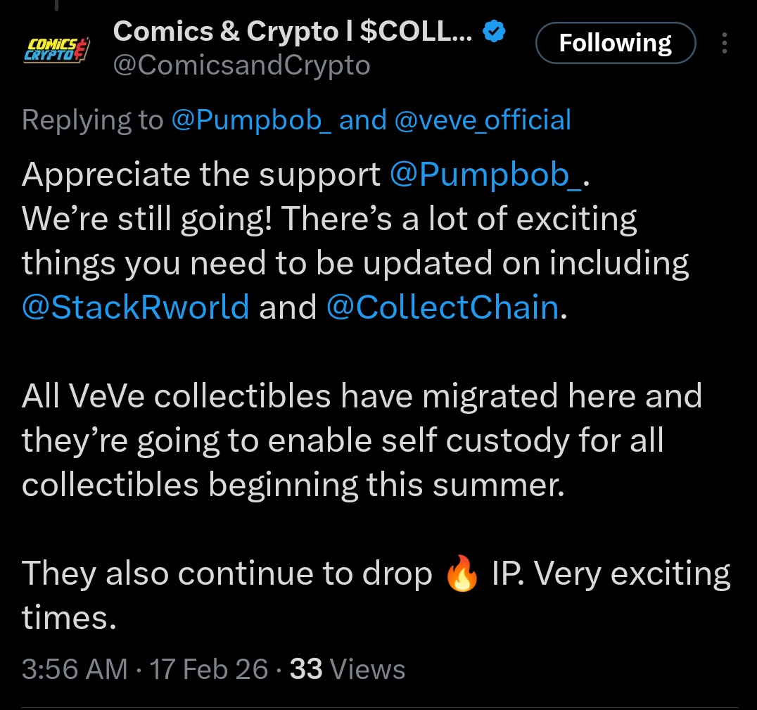 thinking of diving back into <a href="/veve_official/">VeVe | Digital Collectibles</a>.

self-custody makes it even better.

Appreciate the update, <a href="/ComicsandCrypto/">Comics & Crypto l $COLLECT</a>.