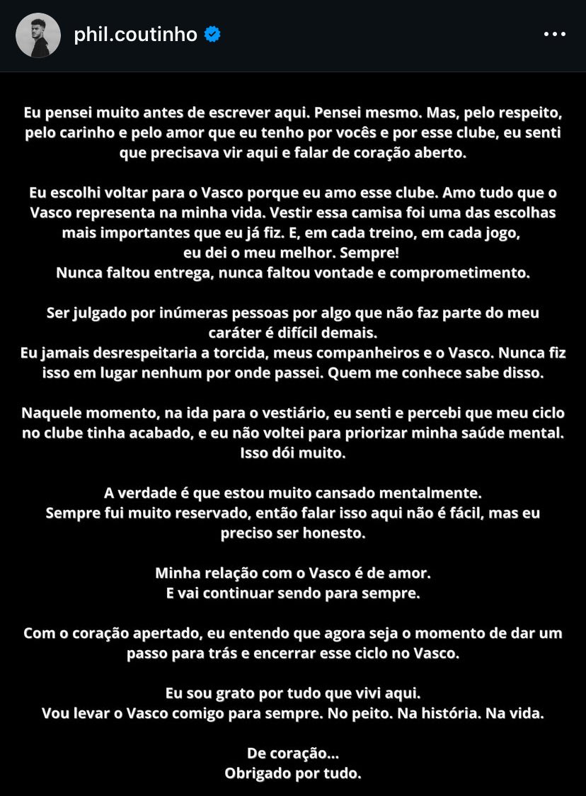 are_cruzmaltina's tweet photo. 🚨💢 Philippe Coutinho se despede do Vasco:

“Naquele momento, na ida para o vestiário, eu senti e percebi que meu ciclo no clube tinha acabado.

Estou muito cansado mentalmente”. https://t.co/zUWedqe1zY