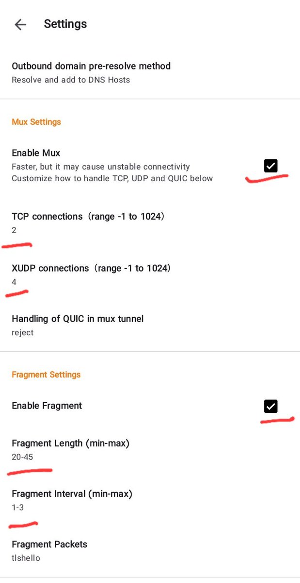با Fragment کانفیگ‌های v2rayتو زنده کن 🔥

اگه کانفیگ‌هات دیر وصل میشن یا ناپایدارن، اینو تست کن.
بعدشم MUX رو فعال کن تا پینگت بیاد پایین‌تر (طبق تصویر)

اختلافشو خودت حس می‌کنی!
روی اینترنت مخابرات، ایرانسل و همراه اول تست شده.