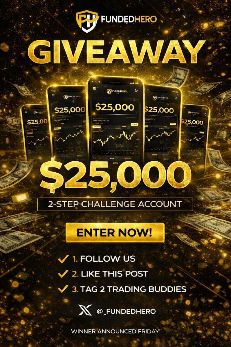 📢GIVEAWAY ALERT 

👉1 × $25,000 2 step Challenge Account from <a href="/_fundedhero/">FundedHero</a> 

To participate (MUST): 

1⃣Follow: <a href="/_fundedhero/">FundedHero</a> <a href="/Tradlytics/">Tradlytics</a> <a href="/phantomfxoff/">Phantom Fx</a>
<a href="/Silent_pips4/">SilentPips</a> 
2⃣ Like, Repost &amp; tag 2 friends 
3⃣Join Discord: discord.gg/8NVf7BRAry

Post task proofs in comments. Winners