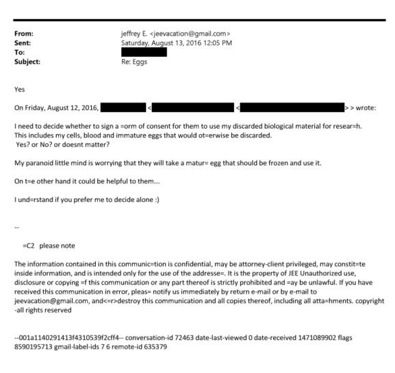 🚨Subject line: "Eggs."  

This email is another window into Epstein's well-documented obsession with genetics, fertility, and controlling reproduction.  

File number: EFTA02453157