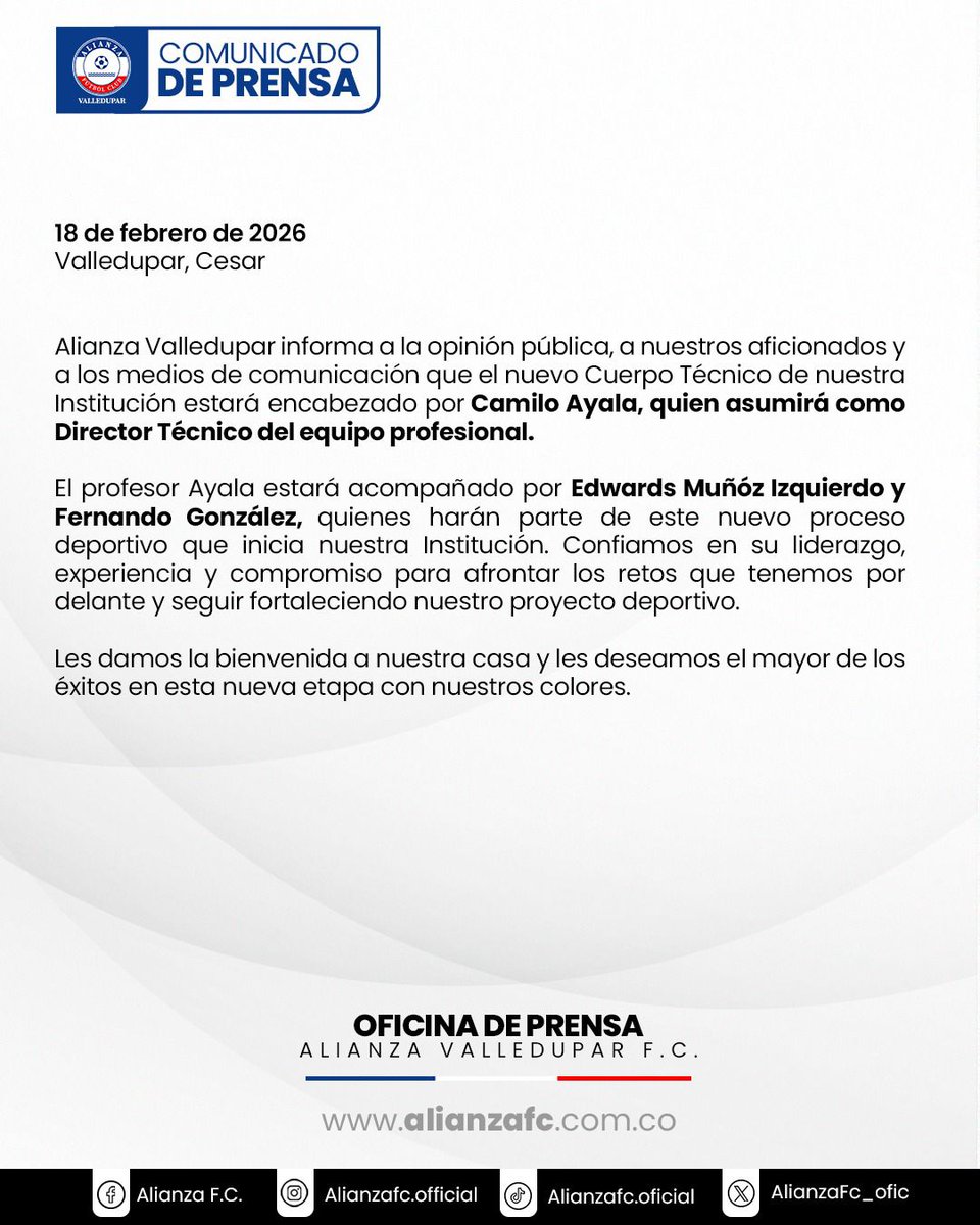 Camilo Ayala confirmado como nuevo Director Técnico de Alianza Valledupar FC