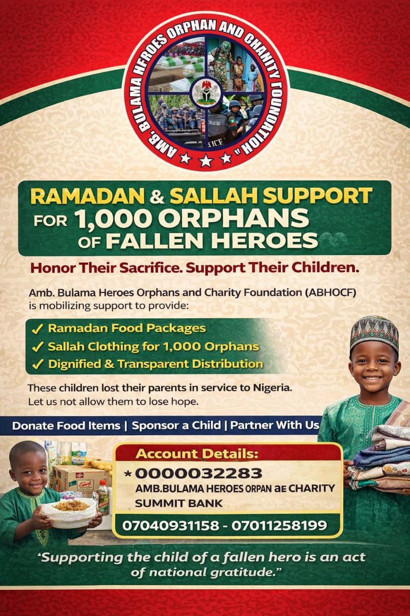 RamlatBulama's tweet photo. They defended Nigeria. 🇳🇬
Now let’s defend their children.
This Ramadan &amp; Sallah, ABHOCF is supporting 1,000 orphans of fallen heroes with food and clothing.
No child of a national hero should feel forgotten.
Be part of this mission.
Donate. Sponsor. Partner.
All  we restore hop. https://t.co/Z59SEZHqVQ