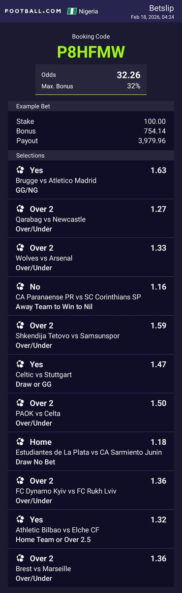 Weekly Longshot 
76 odds
32 odds