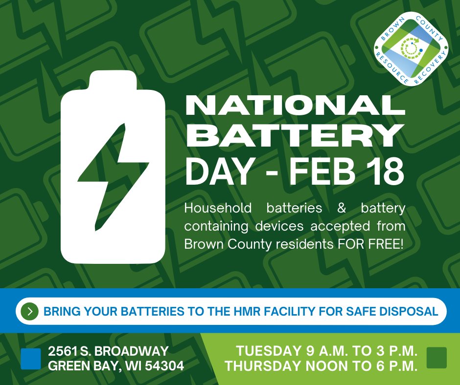 🔋 National Battery Day reminder:

Batteries don’t belong curbside. Bring them to the Hazardous Materials Recovery facility for safe recycling.:  browncountyrecycling.org/batteries-hous…

#NationalBatteryDay