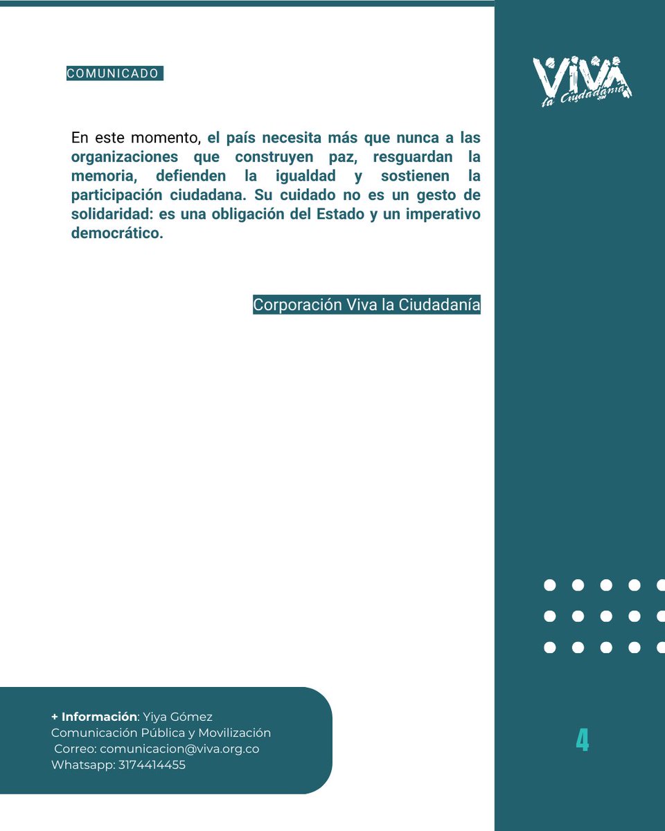 vivaciudadania's tweet photo. Llamado urgente al cuidado y protección de organizaciones defensoras de derechos humanos, feministas y constructoras de democracia y paz https://t.co/1xB08BIBaZ