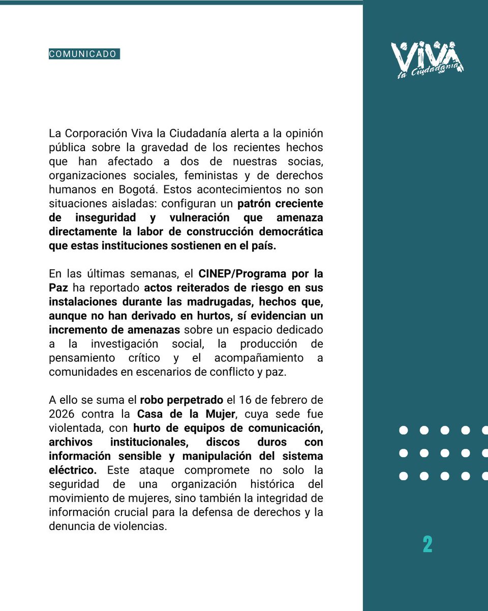 vivaciudadania's tweet photo. Llamado urgente al cuidado y protección de organizaciones defensoras de derechos humanos, feministas y constructoras de democracia y paz https://t.co/1xB08BIBaZ