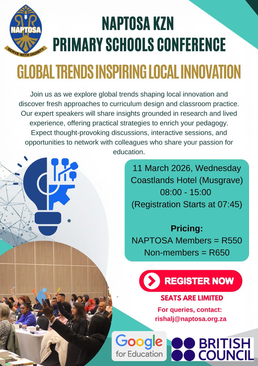 NaptosaKZN's tweet photo. NAPTOSA KZN members  follow the link below to register for our Primary Schools Conference today 👇 https://t.co/LTBJKPhRCf https://t.co/qyvwDz0Lhi
