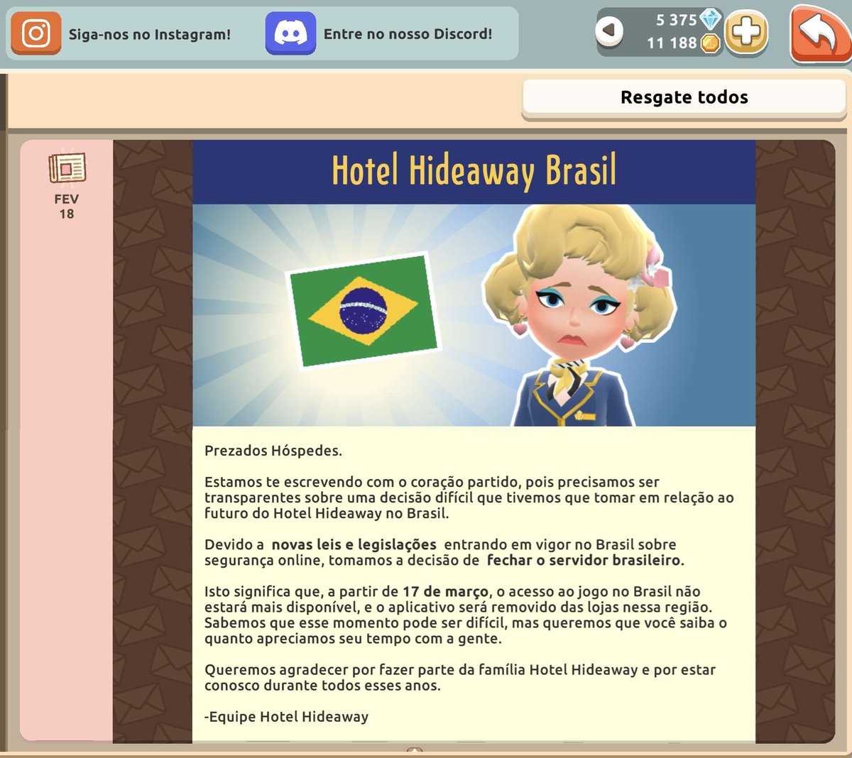 🔴 Jogadores do "Hotel Hideaway" são surpreendidos com decisão inédita da Sulake: servidor brasileiro  🇧🇷será fechado após a "Lei Felca" começar a valer no Brasil.

E sim: a Sulake é dona desse jogo. Alguns membros da equipe do <a href="/Habbo/">Habbo</a> estão presentes por lá atualmente!