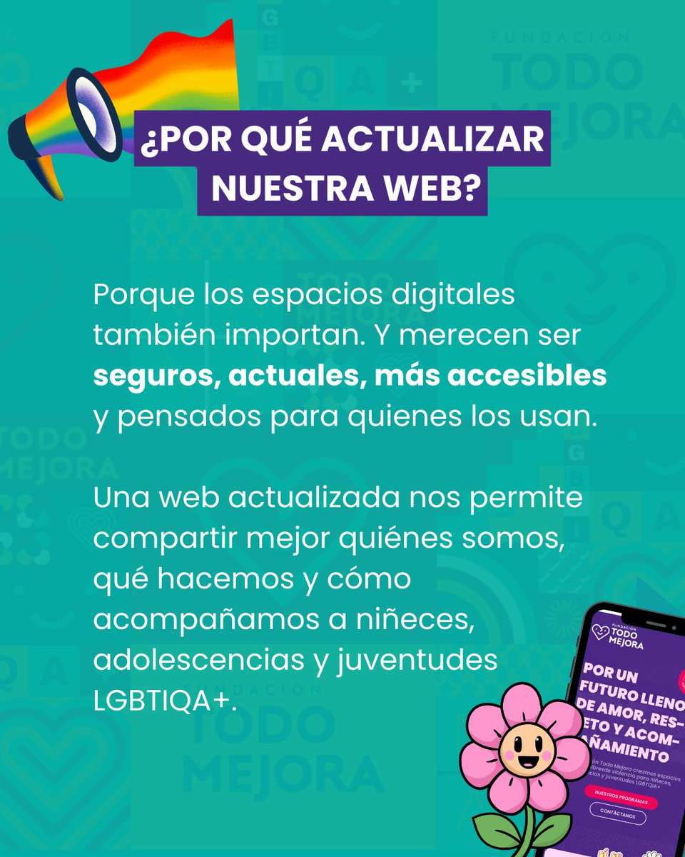 TodoMejora's tweet photo. ¡Gran noticia! En Fundación Todo Mejora estrenamos página #web nueva y completa. Un espacio más claro y accesible para conocer nuestro trabajo, encontrar recursos y sumarse a la construcción de espacios seguros y libres de violencia para juventudes LGBTIQA+ 📲🌈 https://t.co/zi05ztdcXO