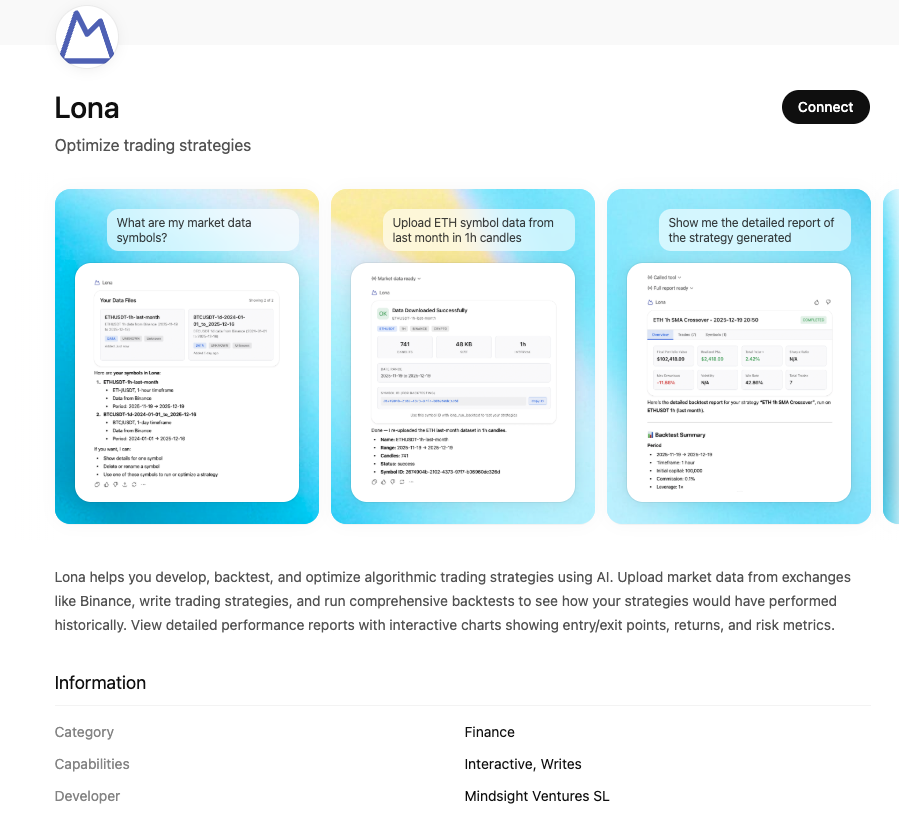MindsightAI's tweet photo. Stop testing trading strategies with real money 💸

Just launched 𝗟𝗼𝗻𝗮 on OpenAI Apps:

→ Upload Binance data
→ Describe your strategy
→ Get a full backtest report

22 users in a few hours. Zero ads.

Free to try 👇 https://t.co/61lX0ppLTD