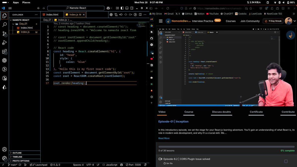 Day 58 / #90DaysOfGrind 🚀

today's log:

> 🏋️ Workout ✅
> 💻 DSA ❌
> 👨‍💻 Dev ✅
    -  Personal project: Basic setups, config
    -  React.js Intro
> 📚 Book read ✅