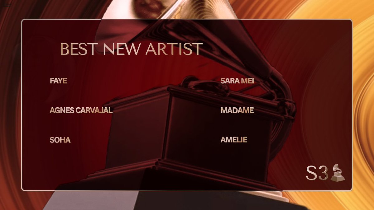 #Grammys : Best New Artist Nominations

Faye
SOHA
Madame
Agnes Carvajal
Sara Mei
Amelie

b2brpg.com/grammyawards