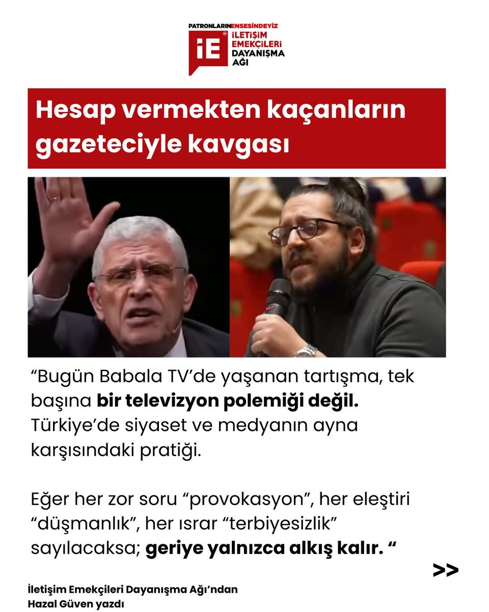 🔴Hesap vermekten kaçanların gazeteciyle kavgası

“Makbul” gazeteci, soru sormayandır. Ama yalnızca iktidar için değil. Muhalefet cephesinde de benzer bir refleks var. Zor soruya sinirlenip gazeteciyi “taraflılıkla” suçlayanlar, gazetecileri “operasyonel” ilan edenler, “Bu soruyu