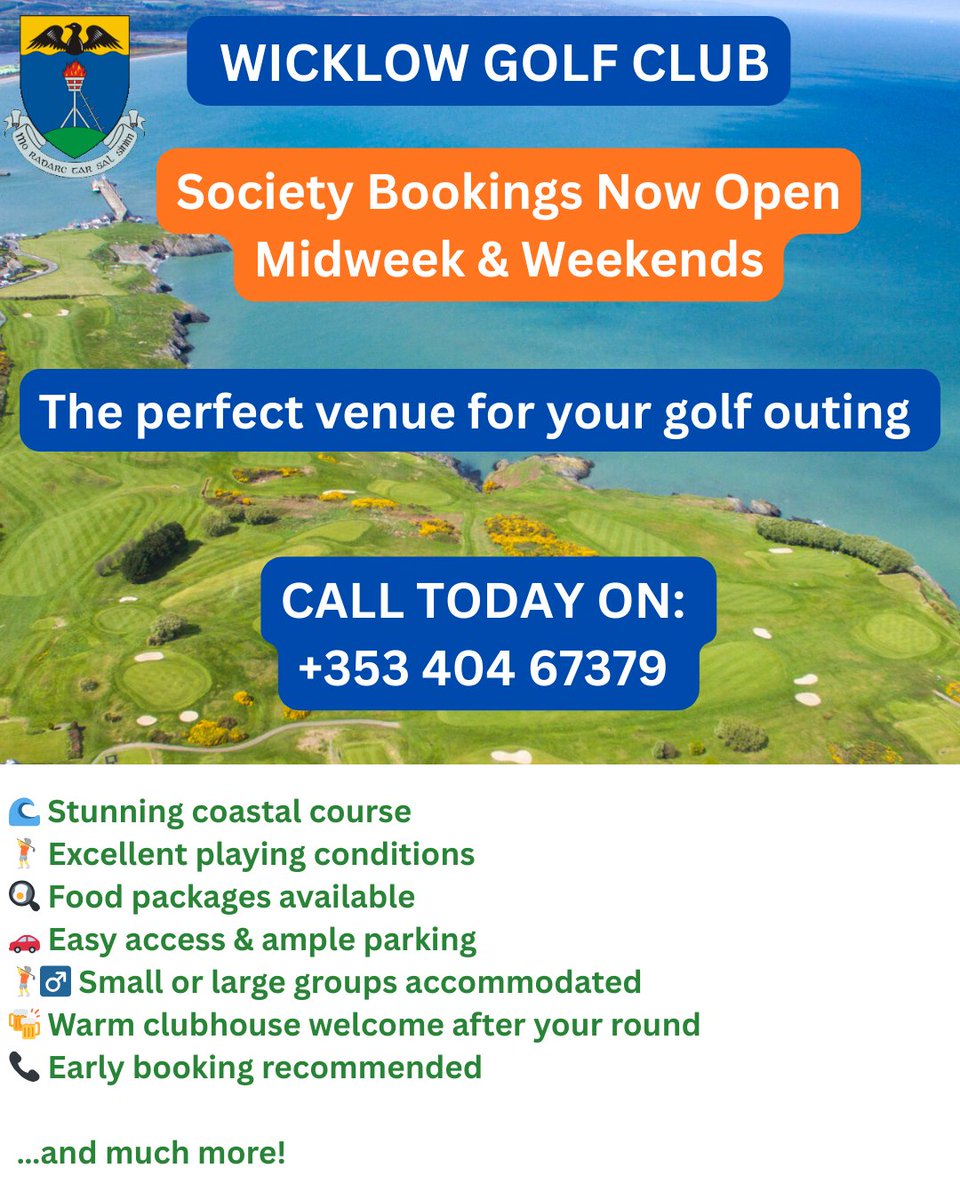 WicklowGolfClub's tweet photo. ⛳ Society Bookings Now Open — Midweek &amp; Weekends

Whether it’s a corporate day, annual society outing, or group of friends — we’ll help you create a fantastic experience from start to finish.

📅 Limited weekend dates available
📞 Call the office to check availability and book https://t.co/uzYcjtyUBc