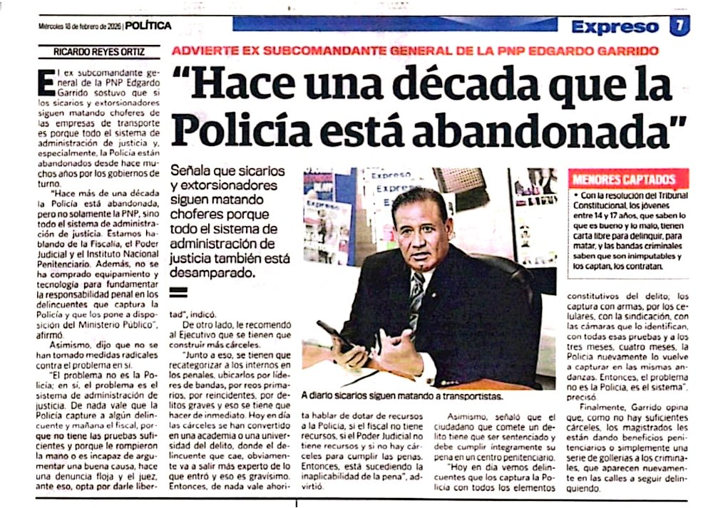 !EL SISTEMA DE ADMINISTRACION DE JUSTICIA Y PRINCIPALMENTE LA PNP NO CUENTA CON PRESUPUESTO, TECNOLOGIA, MEDIOS Y PENALES ADECUADOS, PARA ENFRENTAR EL CRIMEN ORGANIZADO!

!INVIERTAN EN LA SEGURIDAD, POR LA PAZ Y DESARROLLO DEL PAIS!
🇵🇪🇵🇪

Comparto con Uds mi entrevista en Expreso
