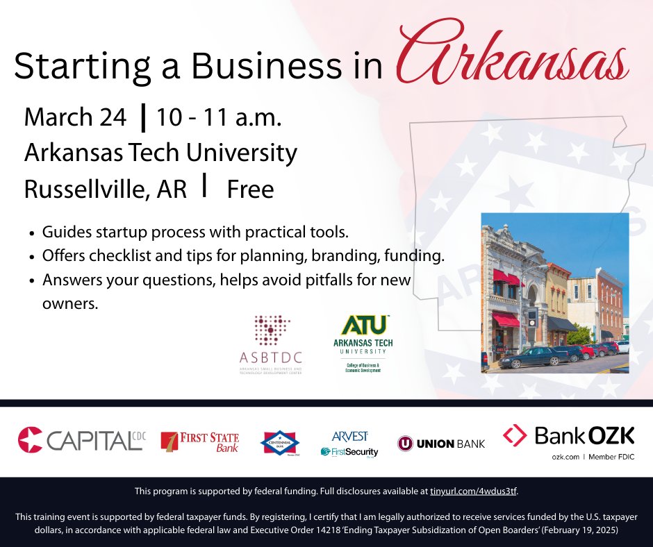 🚀Join us for “Starting a Business in Arkansas”. Get a startup checklist, expert tips on planning, branding, funding + live Q&amp;A. Avoid common pitfalls &amp; launch successfully!  Click here to sign up for this free event: asbtdc.ecenterdirect.com/events/70372477