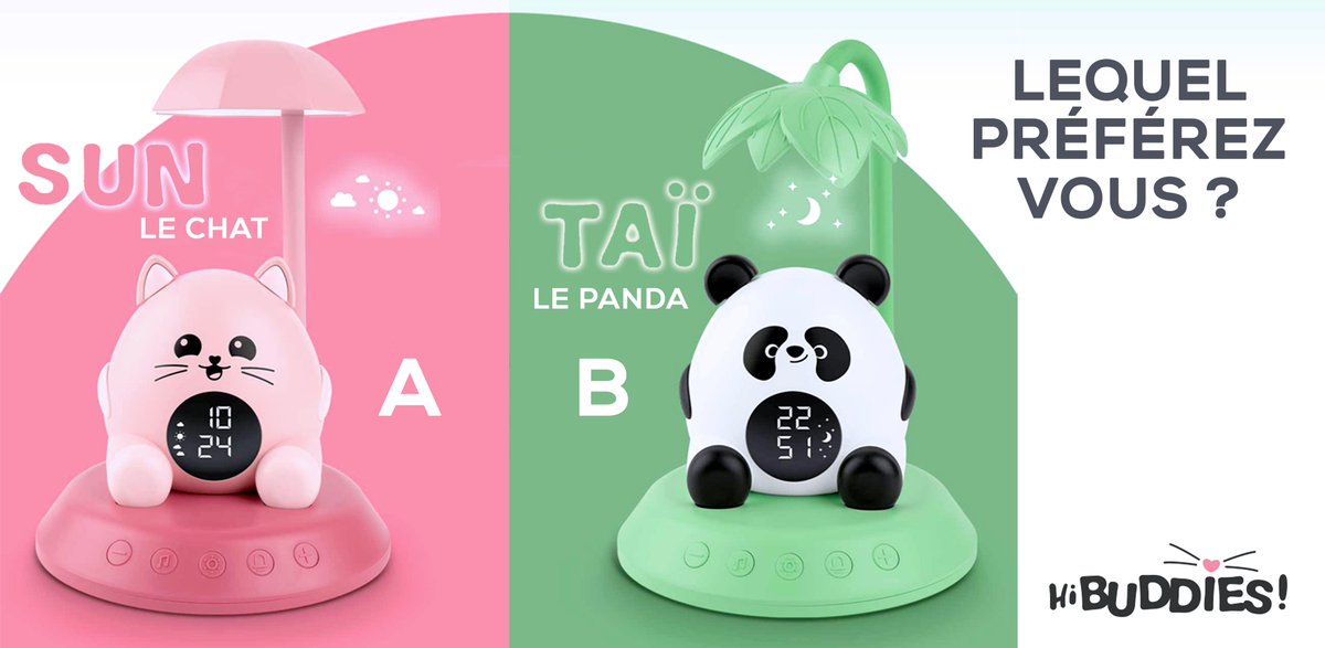 BigbenFrance's tweet photo. Avec les HiBuddies, tout est une question de préférence ! 😍 La vôtre va au réveil avec veilleuse Sun le chat ou Taï le panda ? 🐱🐼
Ils vous attendent tous les deux ici 👉 https://t.co/2IYmuLcHh8
#Bigben #HiBuddies #SLKIDS #RéveilVeilleuse https://t.co/nEaJjspP3v